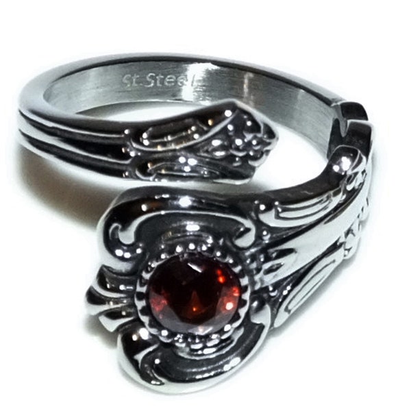 Vintage 90s Victorian Revival Style Goth Floral Filigree Spoon Ring Red CZ GENUINE STAINLESS Steel Non Tarnish Ring