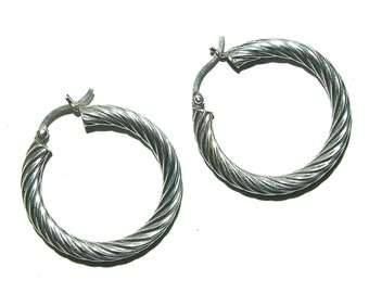 Vintage 90s Boho Twisted Textured Rope Sterling Hoop Earrings 1 1/8"