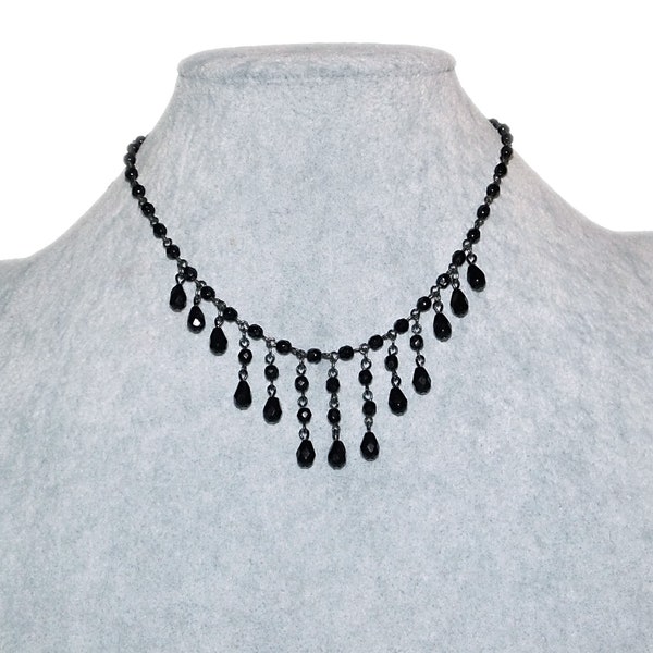 Vintage 1928 Brand Jet Black Bead Gunmetal Dangle Fringe Bib Collar Adjustable Choker Necklace