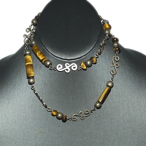 Vintage Mexican Silver Tigers Eye Tube Ball Bead Swirl Squiggle Sterling Necklace