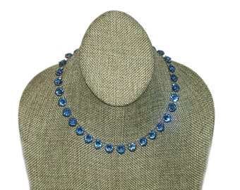 Antique Vintage Art Deco Sapphire Blue Crystal Paste Open Back Bezel Sterling Riviere Choker Necklace 15" 8mm Stones