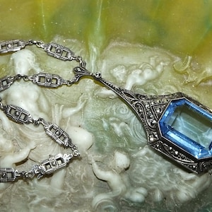 Antique Vintage Edwardian Art Deco Exquisite Large Vivid Blue Crystal Paste Marcasite Pendant Oxidized Sterling Lavalier Necklace