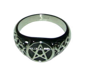 Vintage 90s Style Goth Punk Grunge Pagan Wiccan Pentagram GENUINE STAINLESS STEEL Unisex Ring Size 7 - 8 - 9 - 10 - 11 - 12