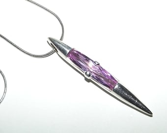 Vintage Sterling Modernist Long Pinkish Purple Lavendar Crystal Pointed Spike Pendant Necklace