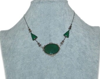 Antique Vintage Edwardian Art Deco Green Chrysoprase Marcasite Oval Medallion Pyramid Sterling Necklace