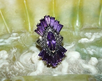 Vintage Art Deco Style Fan Marcasite Amethyst Purple CZ Baguette Sterling Ring Size 8