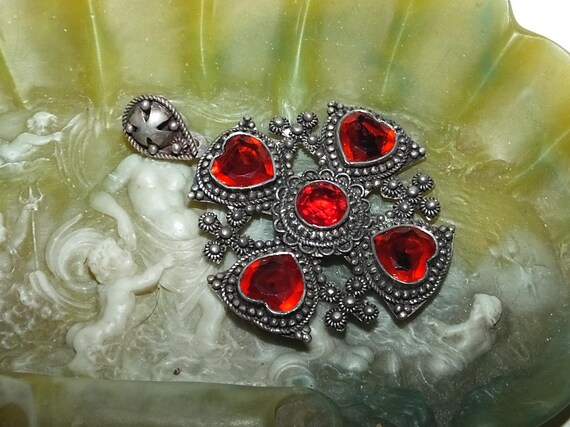 Vintage Ruby Red Crystal Paste Heart Shaped Five … - image 6