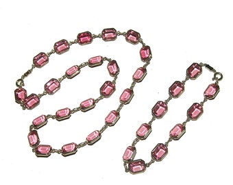 Vintage Art Deco Revival Pink Topaz CZ Open Back Bezel Gold Vermeil Sterling Station Chain Necklace and Bracelet Set