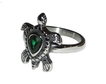 Vintage 90s Bali Style Sea Turtle Emerald Green Pear Cut CZ GENUINE STAINLESS Steel Non Tarnish Water Resistant Unisex Ring
