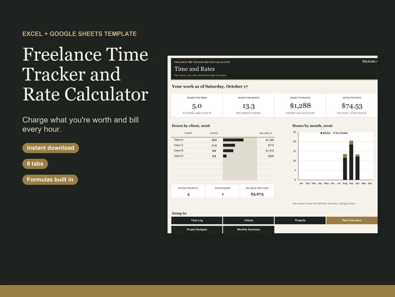 Freelance Time Tracker | Elegant Excel and Google Sheets Template ...