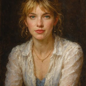 Op de afbeelding: Een olieverfschilderij van een persoon met golvend blond haar, gekleed in een wit, gestructureerd overhemd over een blauwe top. De persoon draagt een gouden ketting, kleine gouden oorbellen en een gouden armband tegen een donkere achtergrond.
