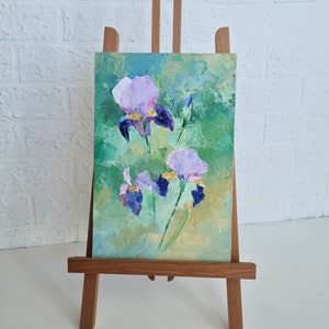 Flores em óleo sobre papelão, pintura a óleo impressionista com íris, original pintada à mão com estrutura, única