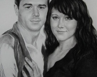 Portrait de couple au fusain/graphite personnalisé à partir de la photo, faire dessiner un portrait personnalisé