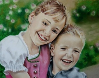 Portrait in Pastell nach Foto, personalisiert, Original handgezeichnetes Familienportrait ab zwei Personen