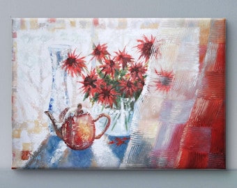 Bodegón en acrílico sobre lienzo, imagen estructural original pintada a mano, pintura acrílica única, flores con textura