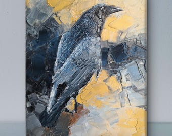 Cuervo al óleo sobre lienzo, pintura al óleo de aves para amantes de la naturaleza, pintada a mano, original.