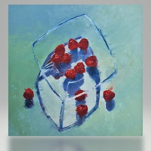 Framboesas em óleo sobre papelão, imagem impressionista, original e única