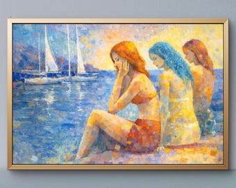 Impressionistisches Strandbild auf Bestellung, Drei Figuren am Wasser, Sommerliche Küstenszene, Moderne Wandkunst Ölmalerei Original