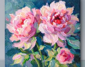 Pfingstrosen Ölmalerei auf Bestellung, Impasto Ölmalerei,  Texturreiches Blumenbild, Wandkunst Modern