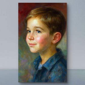 May include: An oil painting portrait of a young child with short brown hair and bright blue eyes. The child is wearing a blue collared shirt and has rosy cheeks. The background features a blend of deep red, green, and yellow tones.