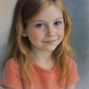 Può includere: Un ritratto a pastello di un bambino piccolo con lunghi capelli biondi ondulati e luminosi occhi azzurri. Il bambino indossa una t-shirt a maniche corte color corallo. L'opera presenta ombreggiature morbide e una texture liscia e sfumata.