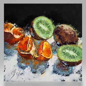 Kiwi con mandarinas al óleo sobre cartón, cuadro impresionista original y único