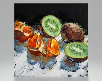 Still life with kiwi and mandarins in oil, impressionist painting, fruit still life, original painting, wall art for kitchen or dining room
