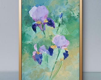 Oil painting  on cardboard, Impressionism oil painting with irises, original hand-painted with structure Unique