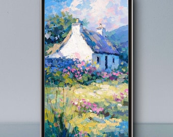 Irland Cottage im Blumengarten auf Bestellung, Original Ölbild, Landschaftsgemälde, Original