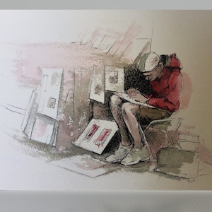 Artiste de rue à l’aquarelle sur papier, aquarelle originale peinte à la main, unique