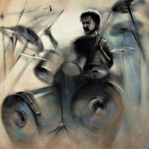 Portrait d'un batteur, image pastel sur papier velours, idées cadeaux pour homme, original, unique, dessiné à la main