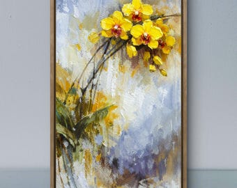 Gelbe Orchideen in Öl auf Bestellung, Original Ölgemälde, Moderne Blumenmalerei, Ausdrucksstarke Wandkunst, Einzigartiges Kunstwerk