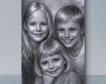 May include: A black and white portrait print featuring three children smiling. The composition shows a girl with long hair on the left, a boy with short hair on the right, and a younger child with shoulder-length hair in the foreground.