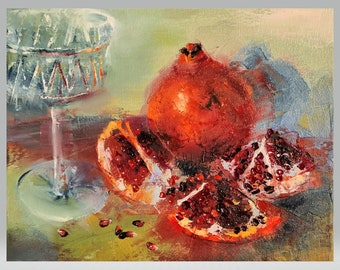Pomegranates in oil on canvas, Impasto painting Original and unique