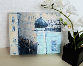 Twilight city painting on canvas in oil, oil painting, original unique