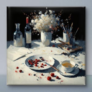 Stillleben Gemälde auf Bestellung, Künstlerisches Atelier‑Motiv mit Blumen, Weinflasche & Kirschen – Original Kunst, Wandbild für Küche