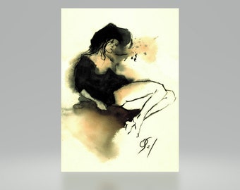 Weiblicher Akt in Aquarell auf Papier, Modern Frauenakt in Aquarell selbstgezeichnet, Original erotische Kunst Aktzeichnung Unikat