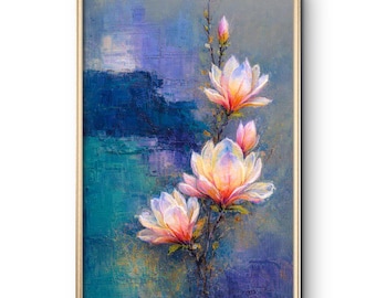 Magnolien Ölgemälde auf Bestellung, Florale Kunst Ölmalerei, handgemalte Blüten, Original