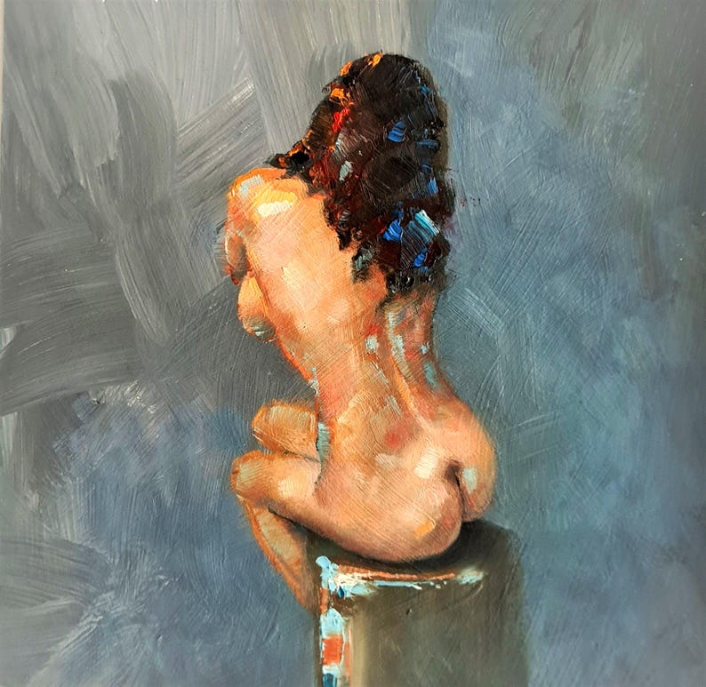 Female nude art in oil on cardboard, naked woman painting, erotic art, original unique image 1