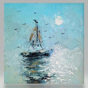 Voilier à l'huile sur carton, original et unique