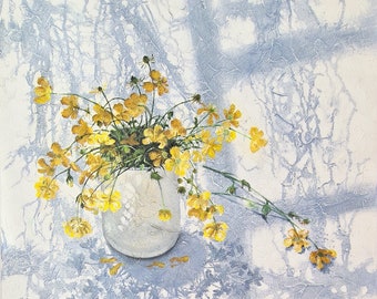Gelbe Blumen in Acryl auf Leinwand, Stillleben mit Textur, Impressionismus Original und Unikat
