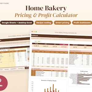 Könnte beinhalten: Eine digitale Home Bakery Pricing & Profit Calculator Tabellenvorlage für Google Sheets und Excel. Die Benutzeroberfläche zeigt ein Dashboard mit Finanzdaten, Umsatz, Gewinnspannen und einen Rezeptkosten-Tab mit Tabellen, Diagrammen und einer Anzeige für 9 Reiter.