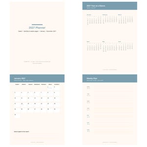 May include: A 2027 planner featuring a cream-colored background with blue headers and text. The pages include a cover page, a year-at-a-glance calendar for January through June, a monthly calendar for January 2027, and a weekly plan page.