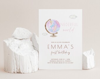 Travel Theme First Birthday Invitation: Globe Design (Editable)