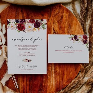 Convite de casamento floral, convite de casamento no outono, convite de aniversário para impressão, convite de casamento rústico, convite de casamento vermelho