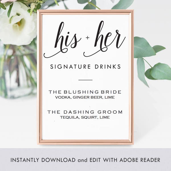 Signature Drinks Sign, Bar Sign, His and Her Drinks Sign, Bar Menu, Wedding Bar Signs, Couples Shower Sign, Instant Download 8x10