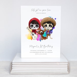 May include: A colorful invitation for a first birthday party with a watercolor background and cartoon characters from the movie Coco. The text reads "Let's get un poco loco and celebrate Miguel's 1st Birthday. Saturday, September 16, 5:00 PM, 1234 Remember Me Way Los Angeles, RSVP to 213.123.4567"
