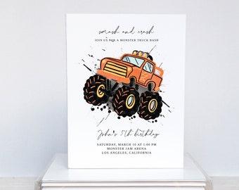Orange Monster Truck Birthday Invitation: Minimalist Design (Editable)