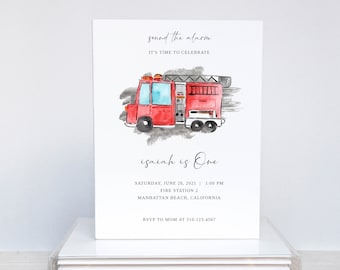 Watercolor Fire Truck Birthday Invitation: Modern Minimalist Design (Digital Invitation)