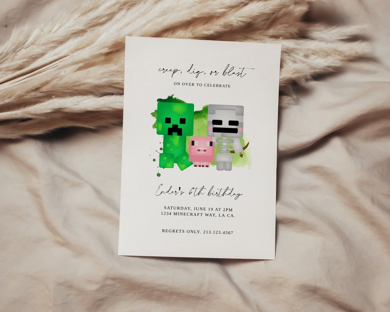 Minecraft Birthday Invitation Creep Dig or Blast Birthday Zombie Minimalist Modern Minecraft Modern Kids Birthday Digital